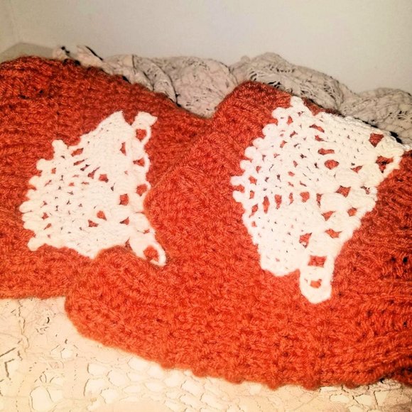 Fingerless Gloves Boot Cuffs & Twist Headband Set Hand Knit Pumpkin Burnt Orange - Picture 8 of 9